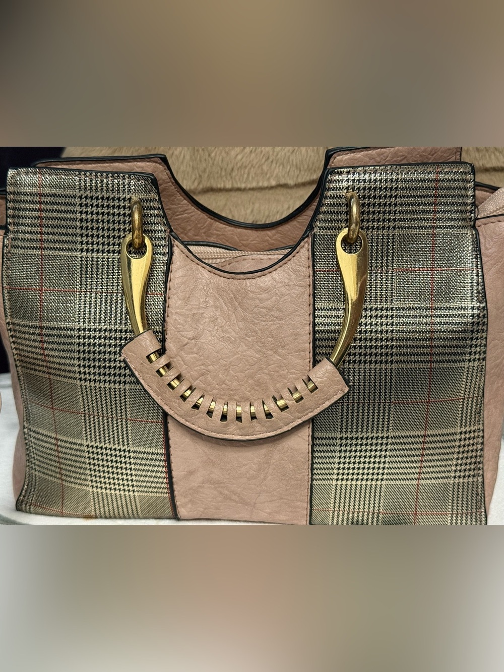Blush Pink Plaid Accent with unique handles Women’s Shoulder Bag - Picture 3 of 6